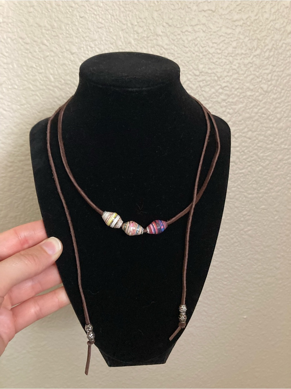 Handmade Recycled Paper Bead Suede Wrap Necklace